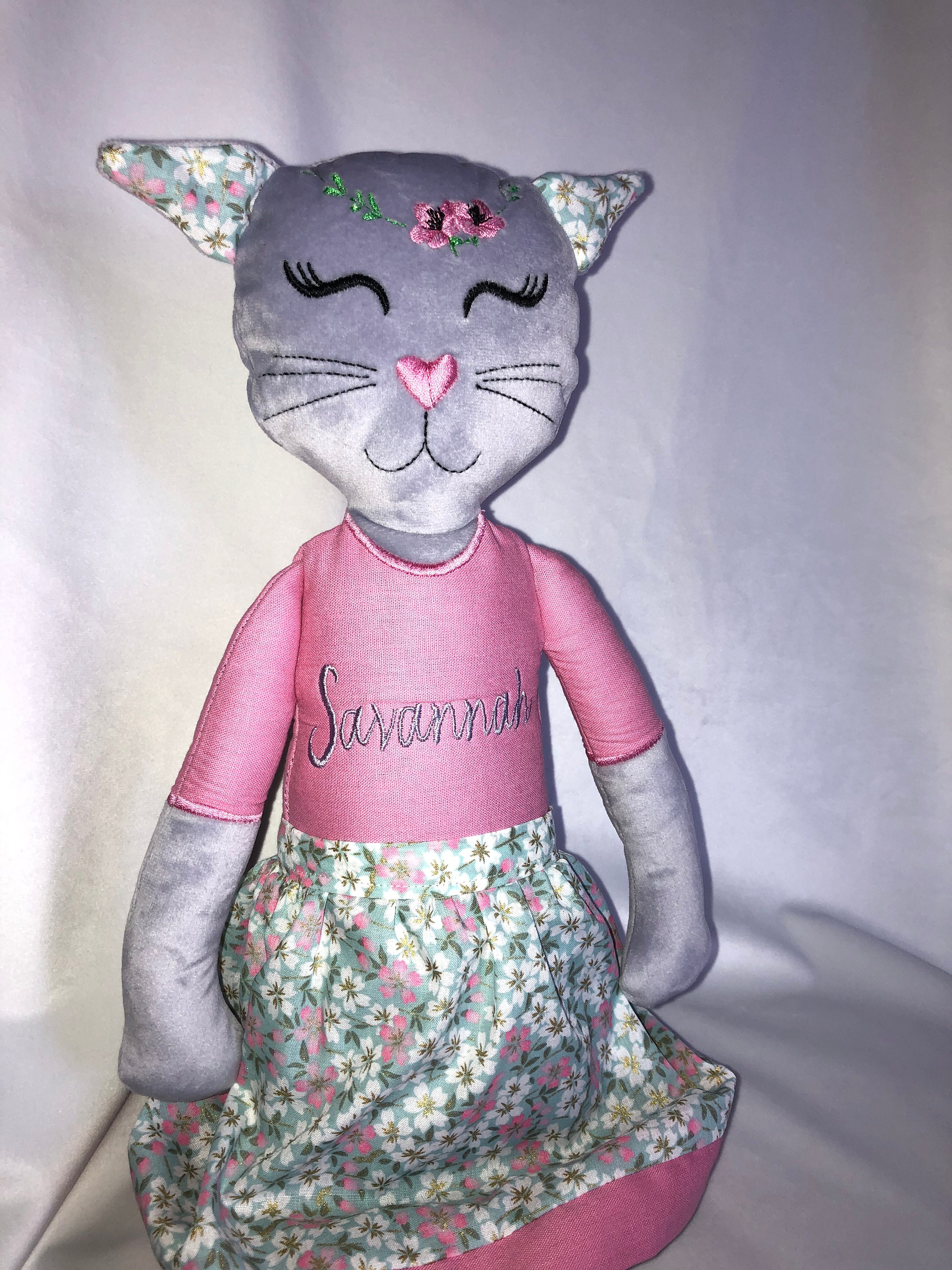 Brooch Doll With Gray Cat, Cloth Art Doll, Personalized Dolls