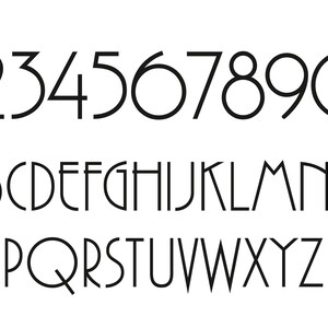 May include: A black and white font alphabet with uppercase letters and numbers. The font is a geometric sans-serif style.