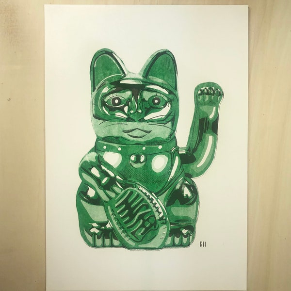 Winkekatze - Illustration, Art Print, Poster, Print, A3, Manekineko, Lucky Cat, Screen Print