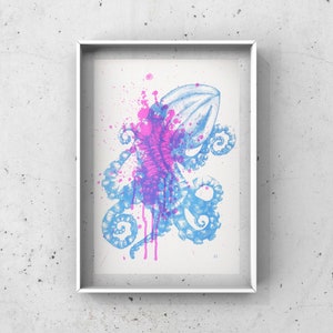Oktopus - Aqua/Pink Kunstdruck, Siebdruck, Risodruck, A3, Print