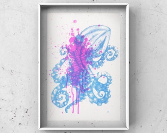 Oktopus - Aqua/Pink Kunstdruck, Siebdruck, Risodruck, A3, Print