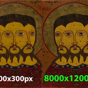 May include: A religious icon depicting a figure with three faces, each with a beard and dark hair, surrounded by a golden halo. The figure is dressed in a red and blue garment. The image has text that reads "200x300px" and "8000x12000px".