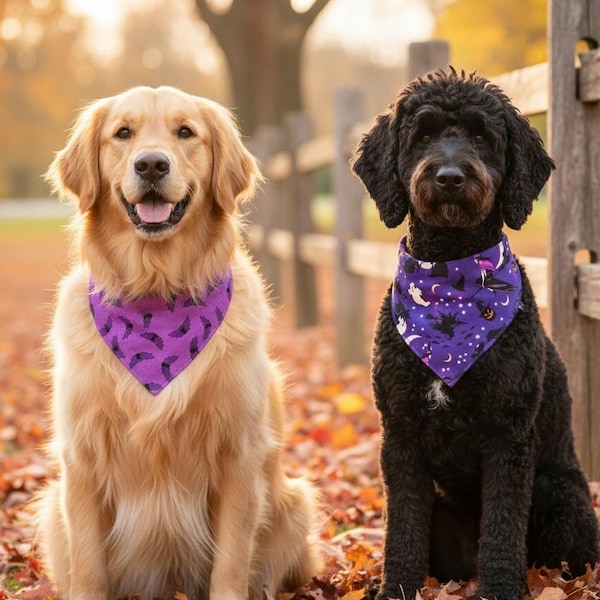 Purple Halloween Reversible Dog Bandana: Bats, Witches and Ghosts, Snap On, Tie On, or Slip-On/Over-the-Collar Style
