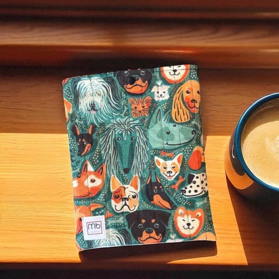 Quilted Book Sleeve: Moody Dog Print, Padded Reader Gift, Fabric Book Protector, Sleeve for E-Reader or Tablet, Dog Lover Gift