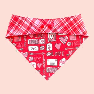 Love Letters Valentine’s Day Dog Bandana | Reversible Pink and Red Plaid Bandanna | Cute Pet Accessories | Snap On, Tie On, Collar (Slip-On)