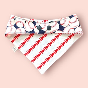 Reversible Baseball Dog Bandana: Snap On, Tie On, or Slip-On/Over-the-Collar Style