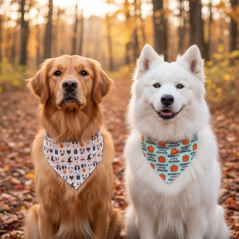 May include: A golden retriever and a white Samoyed dog wearing triangular pet bandanas. The golden retriever wears a white bandana with a pattern of small Halloween icons. The Samoyed wears a light blue bandana with orange pumpkin graphics and the text Mommy's Little Pumpkin.