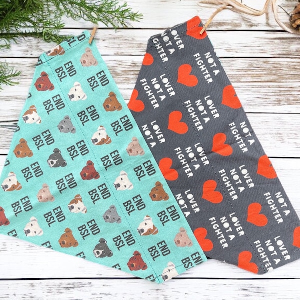 End BSL Dog Bandana TURQUOISE • Reversible Pit Bull Lover Not a Fighter Dog Scarf • Choose Your Style - Snap On or Collar (Slip-On)
