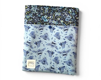 Bees on Blue Floral Book Sleeve with Pocket: Padded Cover for Books, Tablets, E-readers, Book Lover Gift for Readers, Bookish Accessories