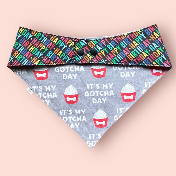 Happy Birthday Dog Bandana • Recue Dog Bandana • Reversible Gray Gotcha Day Puppy Bandanna • Choose Your Style - Snap On or Over-the-Collar