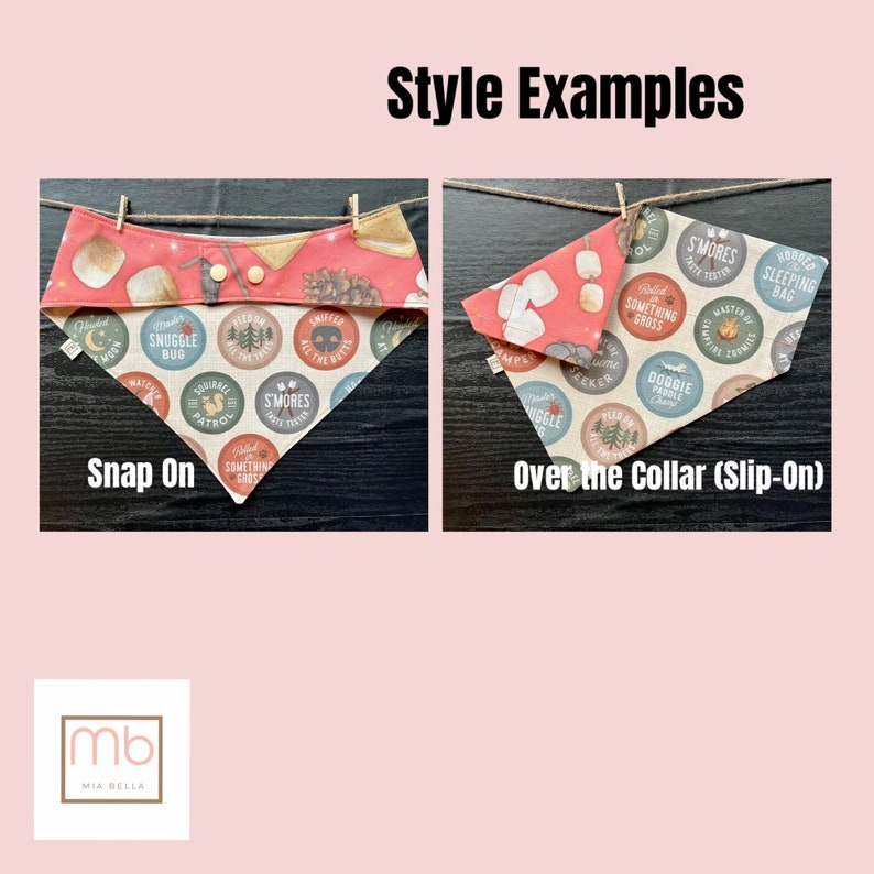 May include: Two pet bandanas featuring a camping-themed print with marshmallows, pinecones, and circular badges with text like S'mores, Snuggle Bug, and Squirrel Patrol. One bandana has two gold snaps, while the other is designed to slip over a collar.