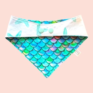 Mermaid Dog Bandana | Reversible Beach Puppy Bandanna | Summer Starfish Puppy Scarf | Snap-On, Tie-On, or Slip-On (Over-the-Collar) Styles