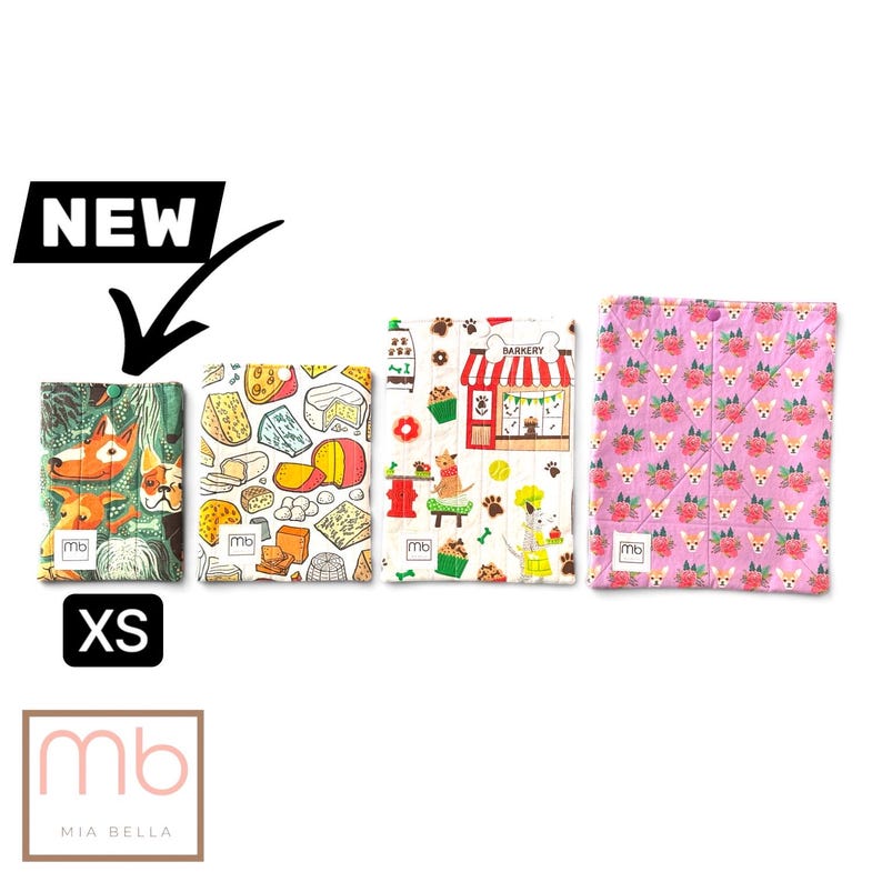 May include: Four rectangular fabric pouches with snap closures, each featuring a unique pattern: one with dog faces, one with various cheeses, one with a bakery storefront, and one with small dog faces and flowers. Each pouch has a small white label.