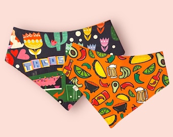 Taco Reversible Dog Bandana: Cinco de Mayo Pet Scarf, Snap On or Slip-On/Over-the-Collar Style