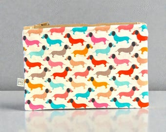 Retro Doxies Zipper Pouch: Handmade Cotton Coin Wallet, Gift for Dachshund Lovers, Ready to Ship
