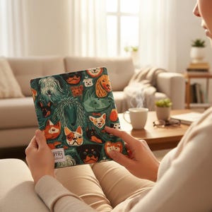 May include: A rectangular tablet or e-reader case featuring a repeating pattern of various dog breeds on a dark teal background. The case includes a small white square label with the letters mb printed in black in the bottom left corner.
