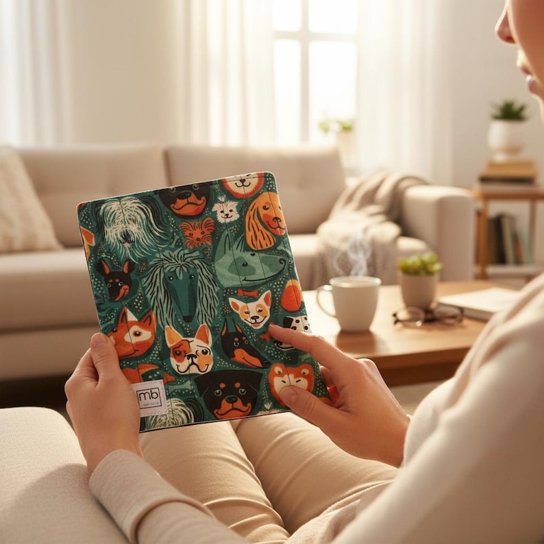 May include: A rectangular tablet or e-reader case featuring a repeating pattern of various dog breeds on a dark teal background. The case includes a small white square label with the letters mb printed in black in the bottom left corner.