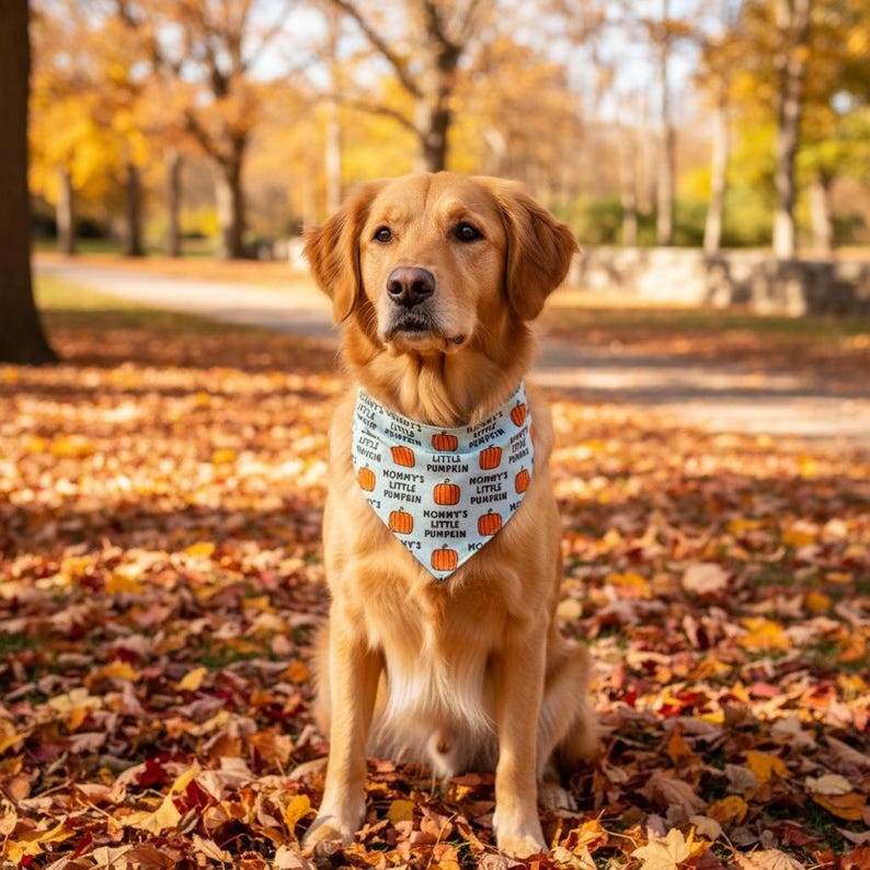 May include: A light blue triangular pet bandana featuring a repeating pattern of orange pumpkins and the black text Mommy's Little Pumpkin. The bandana is worn around the neck of a golden-colored dog with long fur, sitting upright.
