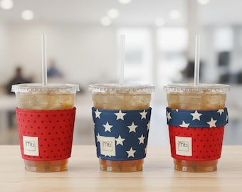Patriotic Cup Cozy: Reversible Beverage Sleeve for Independence Day, Insulated Sleeve in Three Sizes for Hot or Cold Beverages