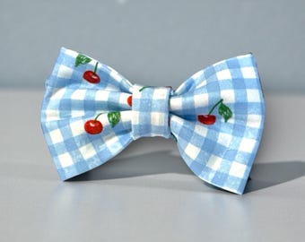 Blue Gingham with Cherries Pet Bow Tie: Bow Tie for Collar, Cat Bow Tie, Accessories for Pet Collar