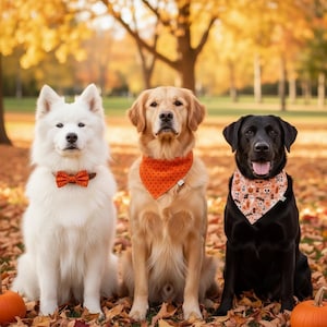 Halloween Reversible Dog Bandana: Spooky Potions and Polka Dot, Matching Orange Pet Bow Tie, Snap On, Tie On, Slip-On/Over-the-Collar Styles