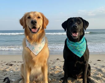Mermaid Reversible Dog Bandana: Beach Puppy Scarf, Cotton Pet Bandanna, Optional Personalization, Snap On, Tie On, or Over-the-Collar Style