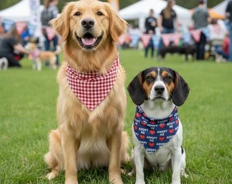 Adopt Me Dog Bandana: Reversible Cotton Red Gingham Pet Scarf, Foster Dog Bandana for Adoption Event, Snap On or Over-the-Collar Styles
