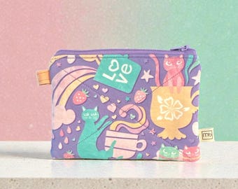 Kitty Love Quilted Zipper Pouch: Handmade Cotton Coin Wallet, Gift for Cat Lovers, Ready to Ship