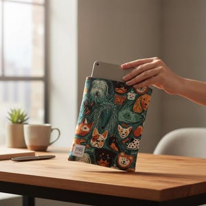May include: A rectangular fabric sleeve featuring a colorful pattern of various dog breeds on a teal background. The sleeve has a small white rectangular label with the letters mb printed in black on the lower left corner and holds a tablet.