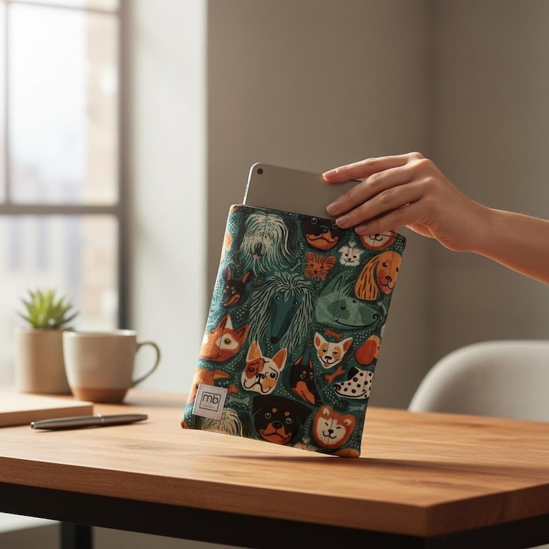 May include: A rectangular fabric sleeve featuring a colorful pattern of various dog breeds on a teal background. The sleeve has a small white rectangular label with the letters mb printed in black on the lower left corner and holds a tablet.
