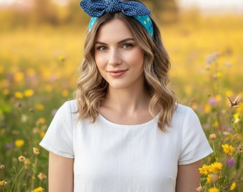 Turquoise Polka Dot Bow Headband, Retro Hair Accessory, Detachable Bow Headband, Handmade Headband for Women, Cute Pin Up Hair Band USA