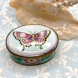 Vintage Butterfly Enamel Trinket Dish: Floral Painted Enamel Porcelain FREESHIP