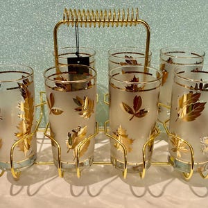 MCM Libbey Frosted Gold Leaf Highball Glasses Set - Hollywood Regency Barware