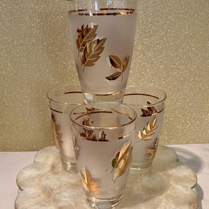 4 pristine Libbey Autumn GOLD LEAVES Hostess 8 oz. glasses, MCM 50s-60s Glassware, Frosted glasses with gold leaves, Vintage, Free Shipping!