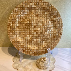 Rare 80&#39;s Capiz Shell & Mother of Pearl Table Display/Charger/Plate/Platter/Decor~2 sided patterns: mosaic and full Capiz shell FREESHIP