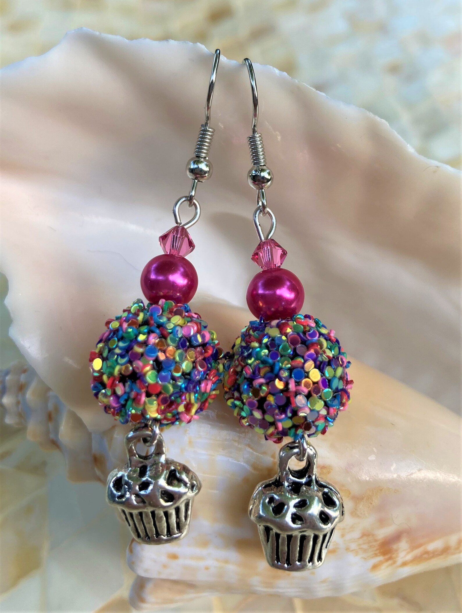 Fun birthday Girl Earrings Adorable Cupcake Dangles, Colorful Metal Confetti Sprinkled Balls