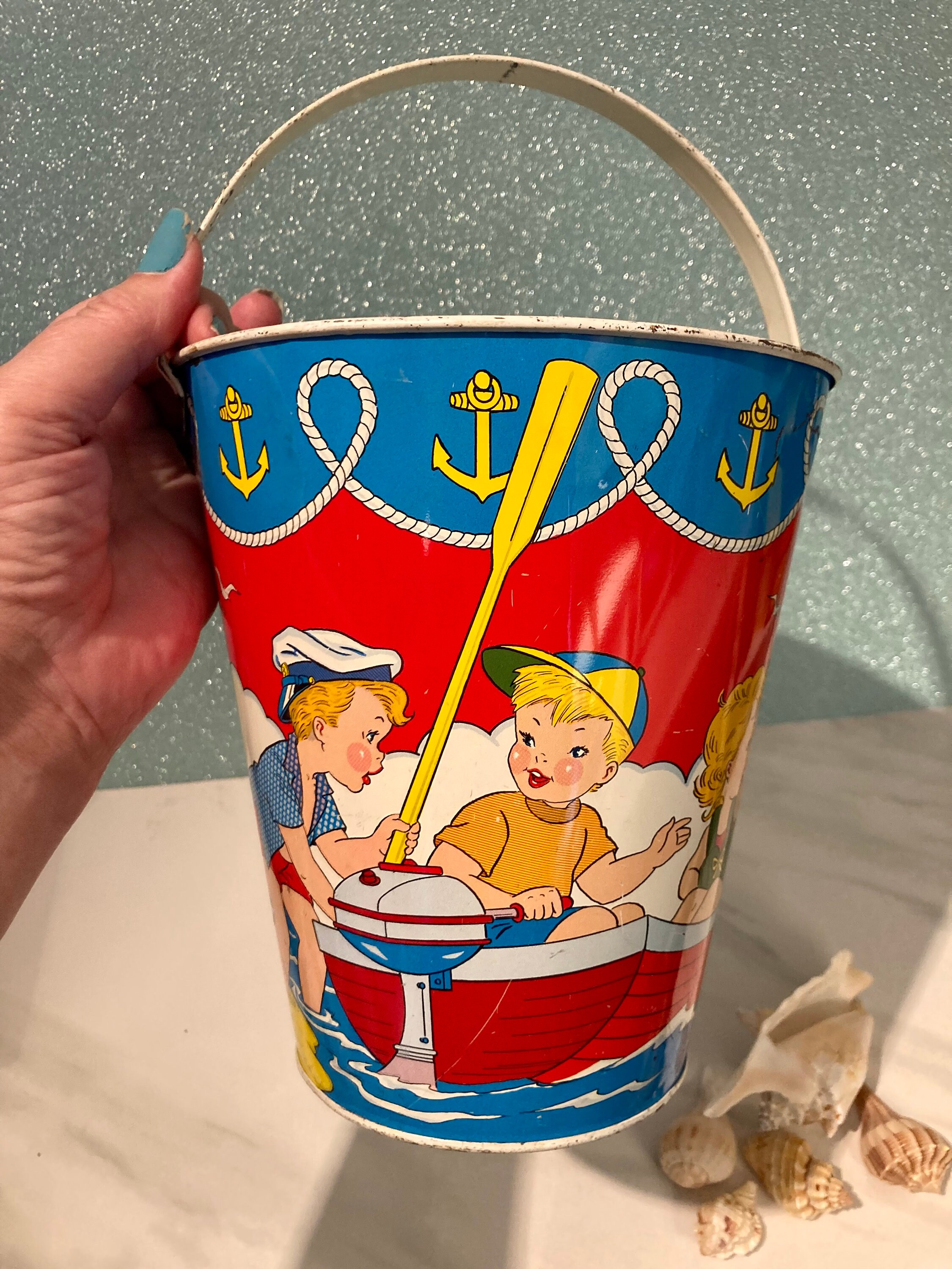 Vintage Style Tin Beach Bucket Child Sand Toy Play Pail Shovel Ocean Home Decor Vintage Style Tin Beach Bucket Child Sand Toy Play Pail Shovel Ocean Home Decor
