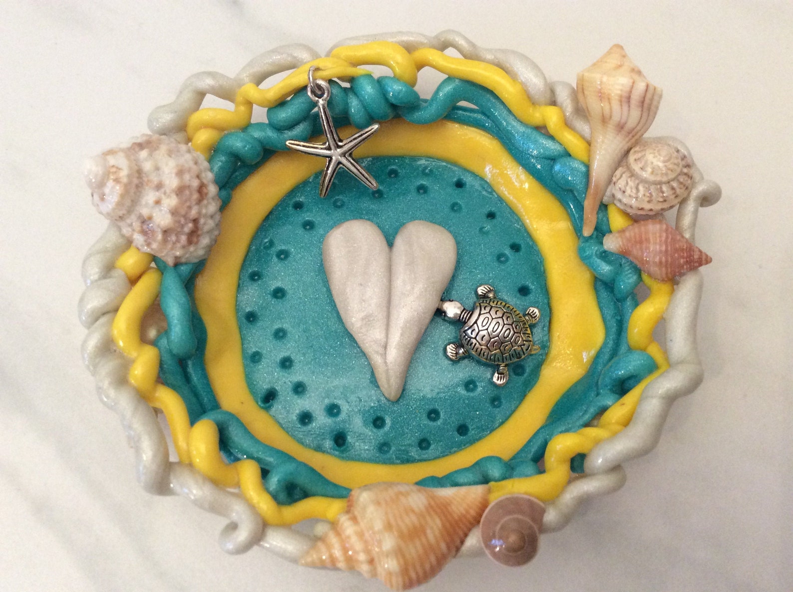 Turtle and Heart Trinket Jewelry Dish or Bowl, Turquoise, Yellow and