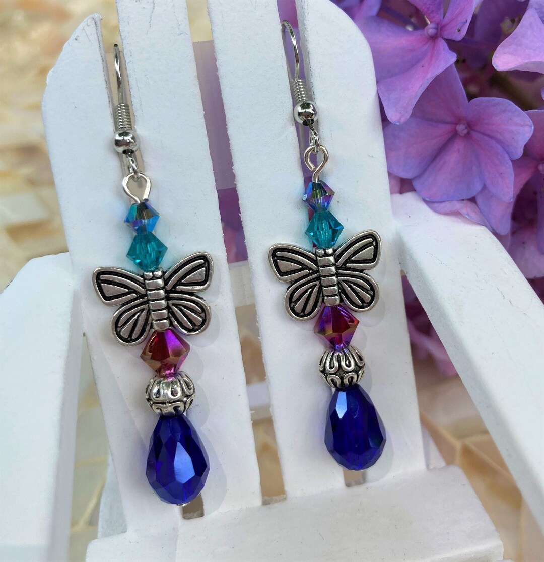 Butterfly with Flowers Dangle Earrings