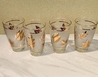 Vintage Libbey Frosted Glassware, Gold Leaf Design, Mid-Century Modern Hostess Glasses