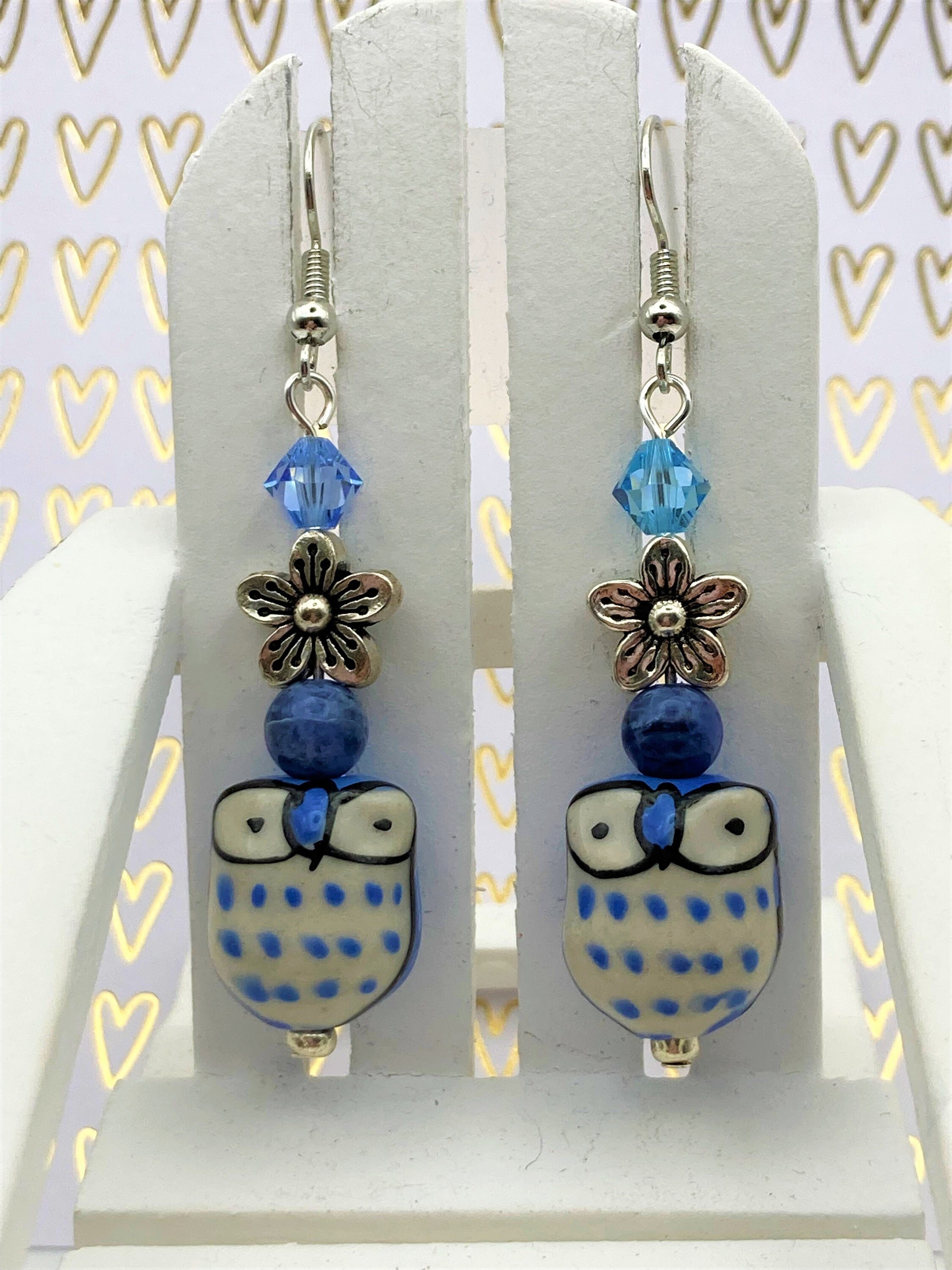 Handpainted Owl Earrings, Swarovski Crystals, Pierre Sodalite, Silverplated Daisies