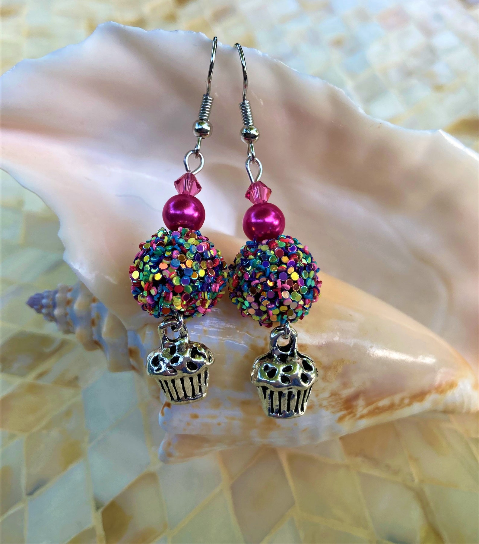 Fun birthday Girl Earrings Adorable Cupcake Dangles, Colorful Metal Confetti Sprinkled Balls