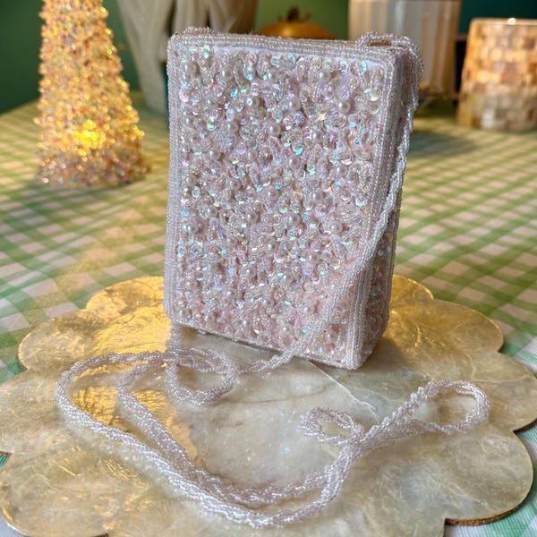 Beaded Mini Shoulder Bag, Champagne Pink Pearls Sequins, Braided Strap FREESHIP!