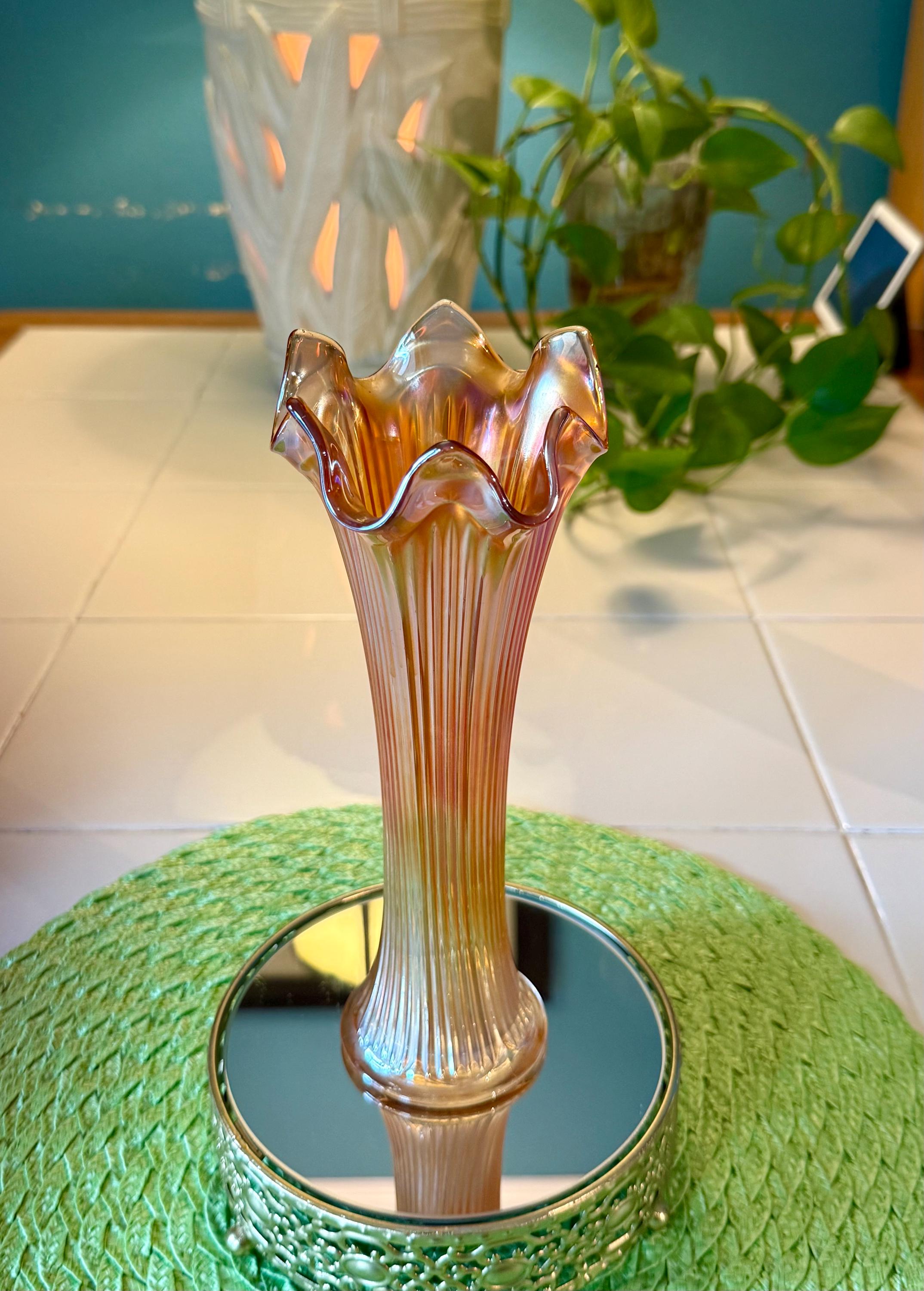 Antique Fenton Marigold Carnival Glass Swung Vase: Finely Ribbed