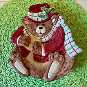 Vtg Fitz and Floyd Bear “Snack Therapy” plate, Brown Bear Christmas Scarf, Hat, Cookie, Santa’s Cookies, Ceramic Collectible Plate FREESHIP
