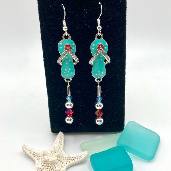 Fancy FLIP FLOP beachy earrings ~ Fun red, clear rhinestones & blue enamel flip flops with blue Swarovski crystals, red glass, silver balls!