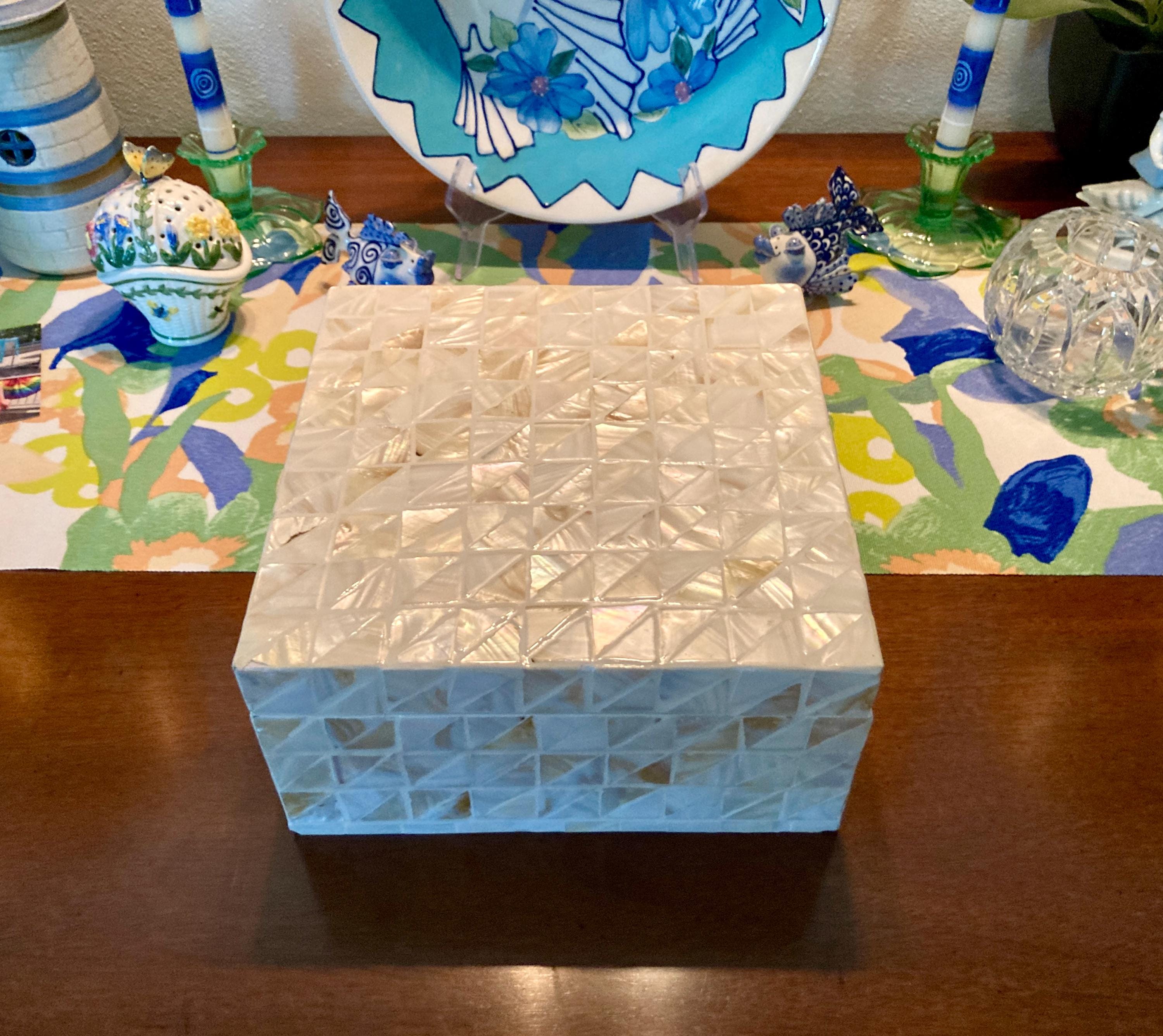 Intricate Design Mother-of-Pearl inlaid Jewelry box, large hinged shell box, decor box, rare Mother-of-Pearl Triangle/Square shapes FREESHIP