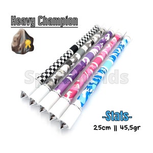 May include: Five colorful pen spinning pens with various patterns, including checkered, camouflage, and floral designs. Each pen is approximately 9.8 inches long and weighs 1.6 ounces. The text "Heavy Champion" is displayed at the top.