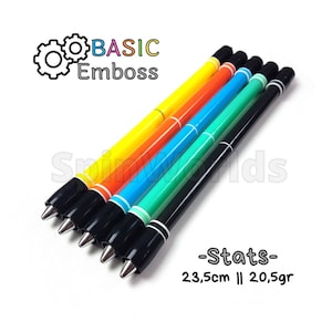 May include: Six colorful pen spinning pens in yellow, orange, blue, green, and black, each with a silver tip and black accents. The pens are 23.5cm long and weigh 20.5 grams. The image includes the text "BASIC Emboss".