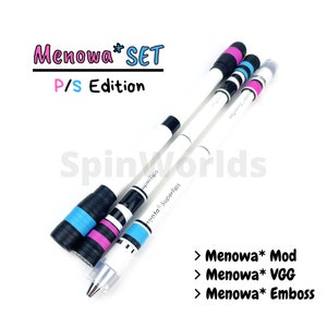May include: Three white pens with black and colored stripes. The pens have a clear plastic tip and a black cap with a colored stripe. The text "Menowa* SET P/S Edition" is at the top of the image. The text "Menowa* Mod", "Menowa* VGG", and "Menowa* Emboss" is at the bottom of the image.